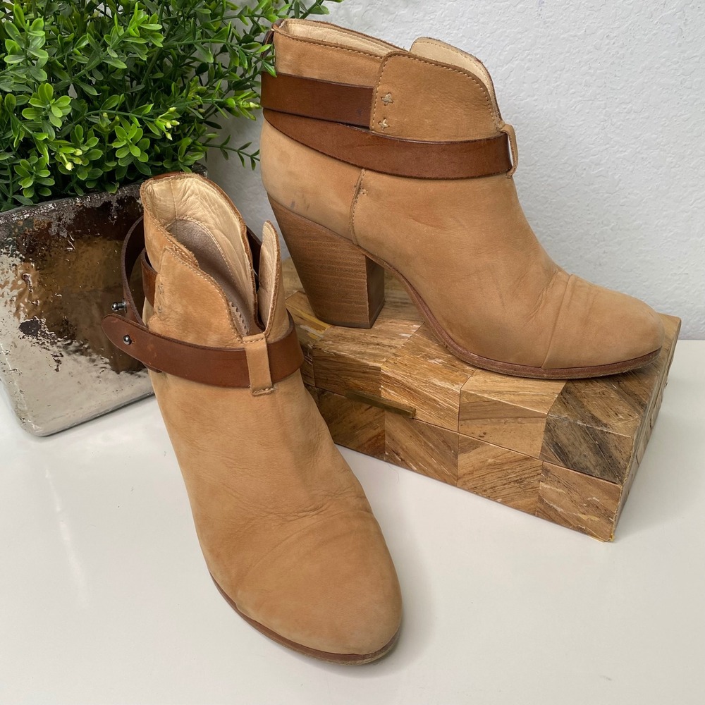 Rag & Bone Harrow Tan Suede Leather Ankle Booties Buckle Strap Heel Size 9.5